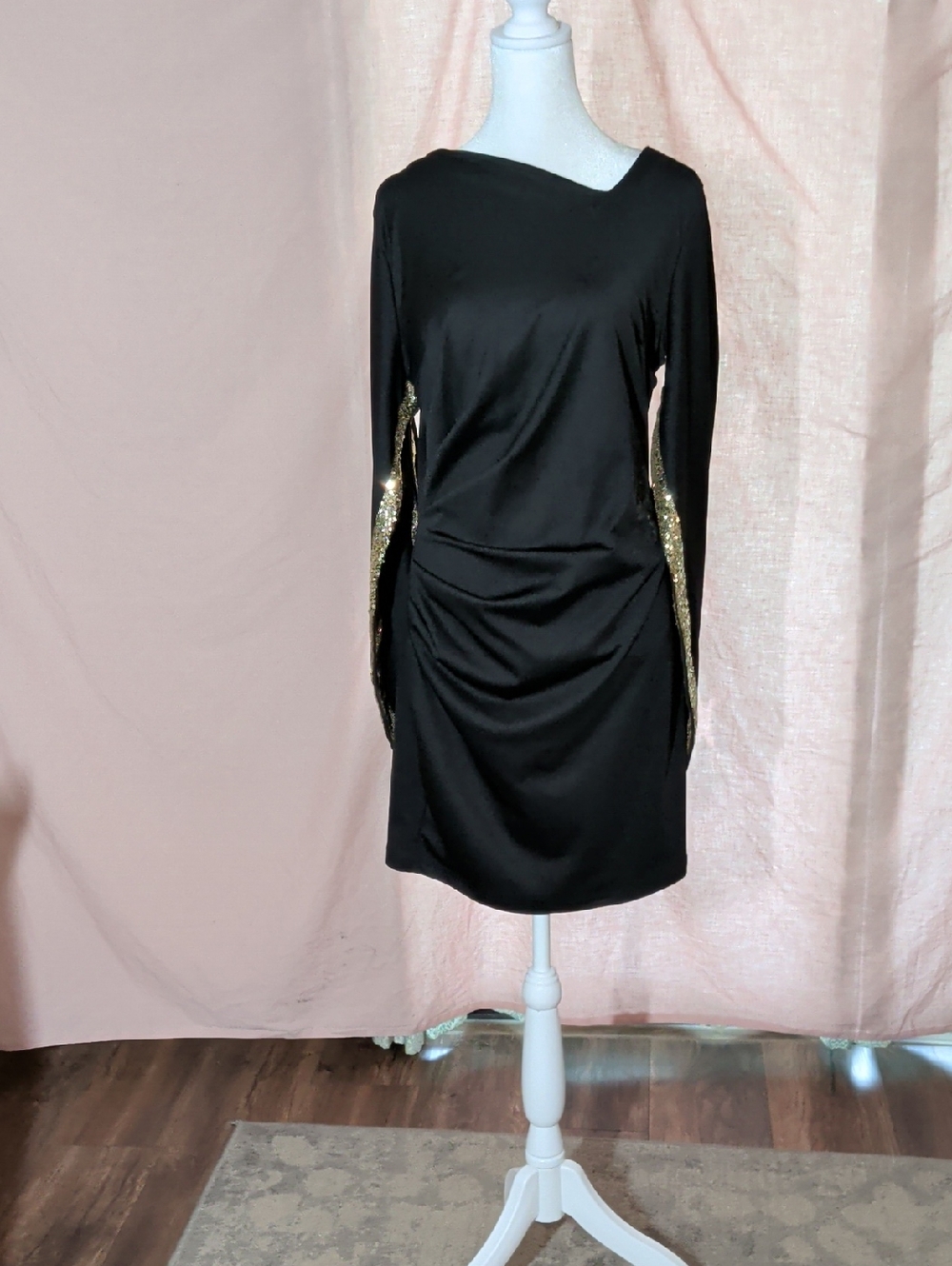 CBR Black Long Sleeve Dress with Gold Sequin Embelished Cape Sleeve.